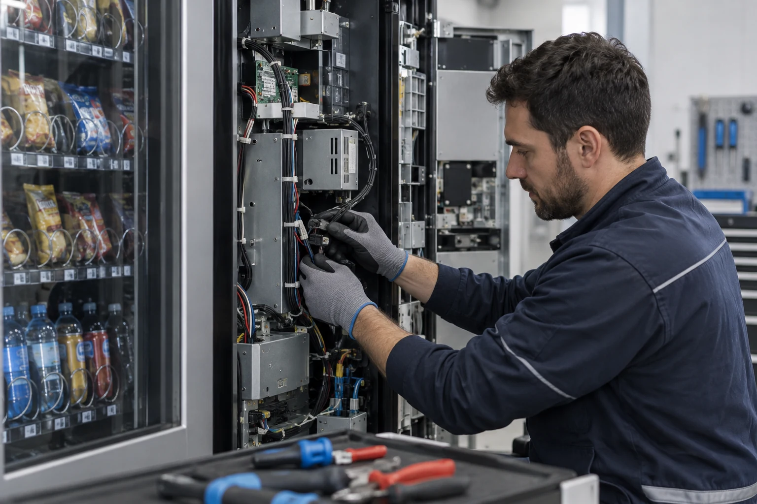 Técnico trabajando en la integración de una máquina vending
