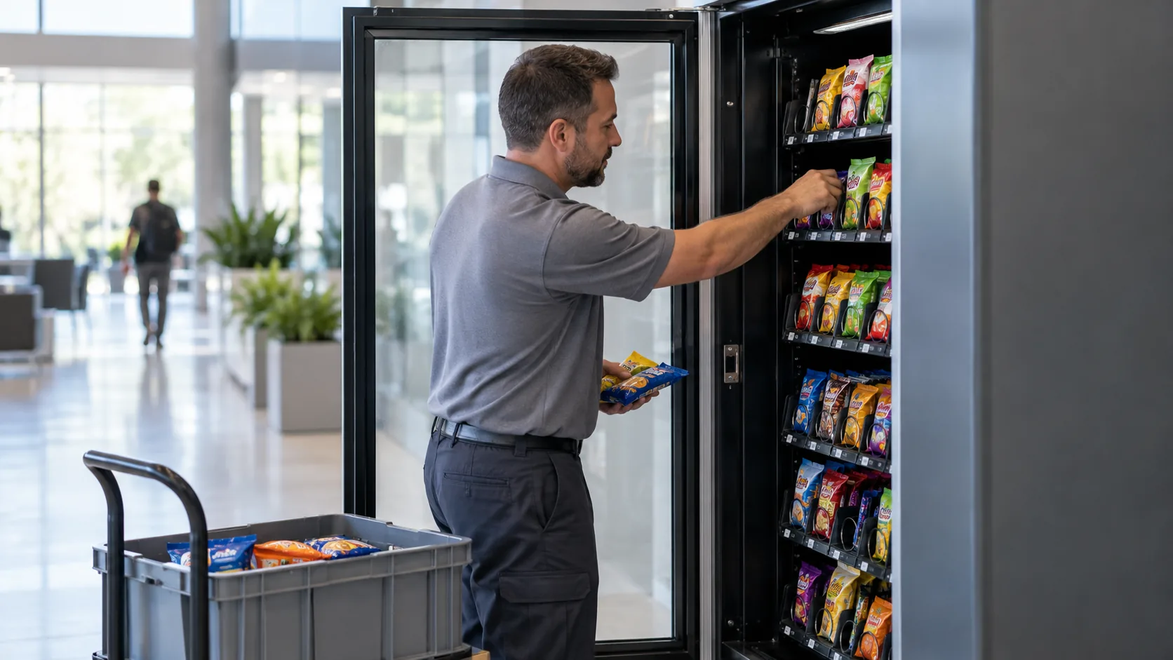 Operador reponiendo una máquina vending en una oficina