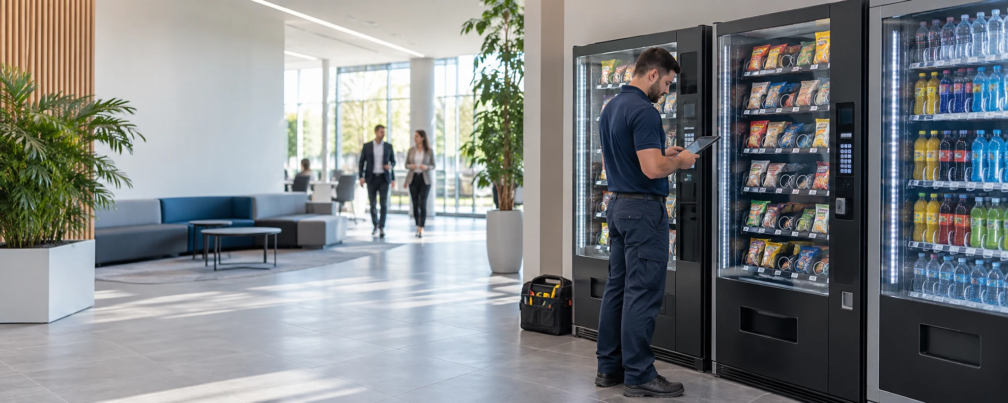 Técnico revisando una fila de máquinas vending en un entorno corporativo